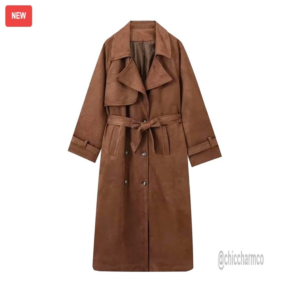 Faux Suede Trench Coat Double Breasted Pea Coat with Belt Ankle Length